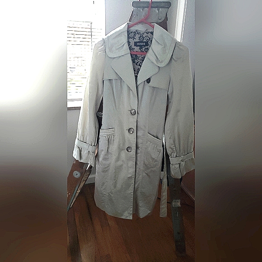 Guess, size small, lightly shimmering silver trench coat
